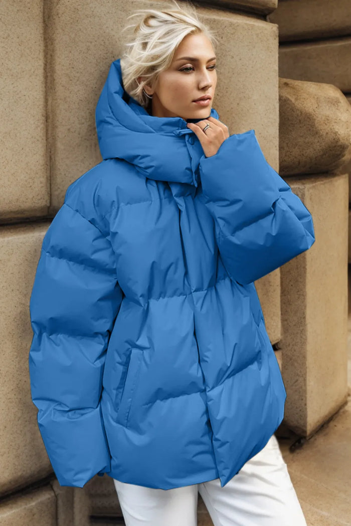 Pocketed Zip Up Hooded Puffer Jacket in Sky Blue