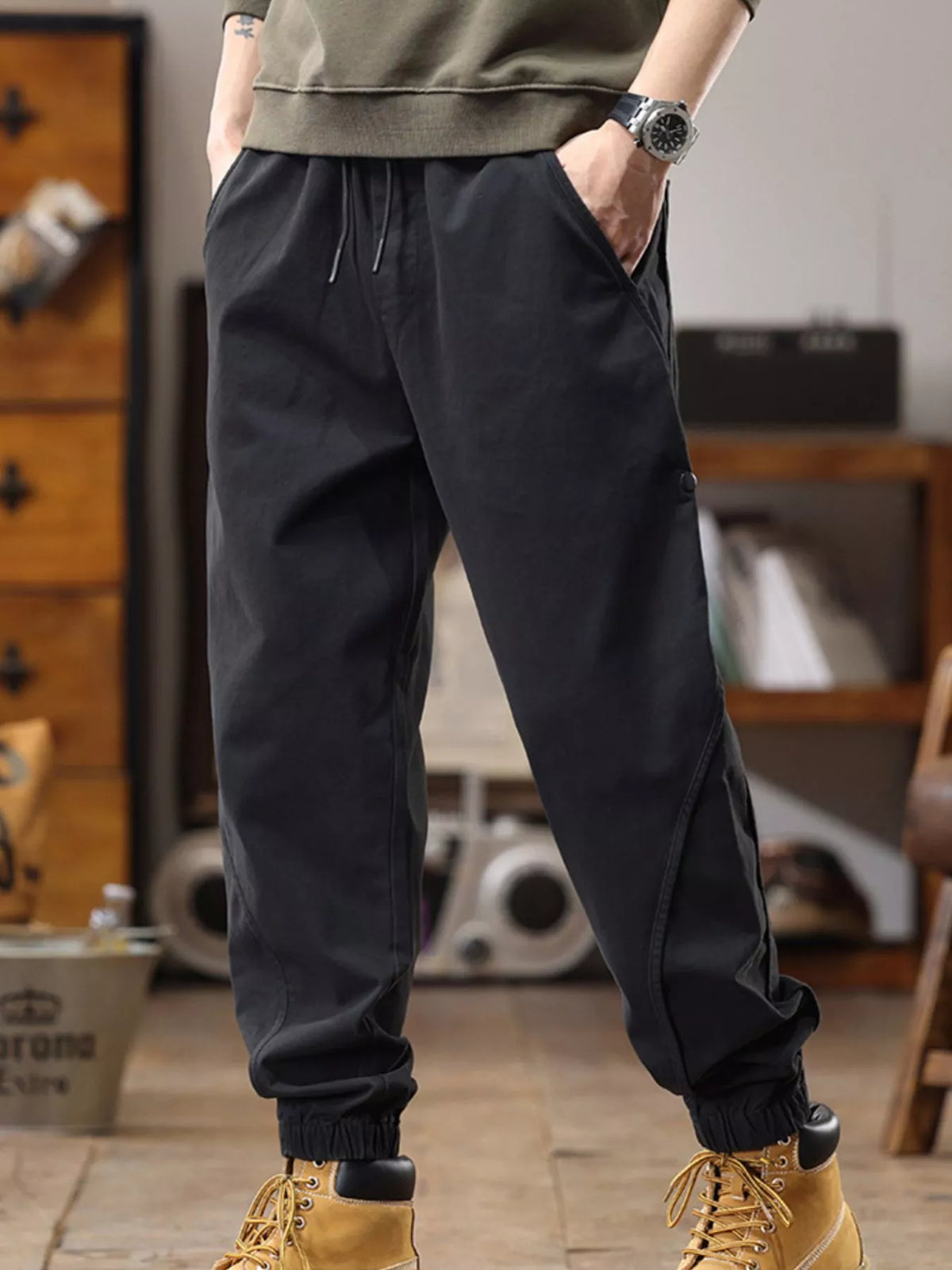 Men's Full Size Drawstring Jogger Pants with Elastic Cuffs Plus Size in Black