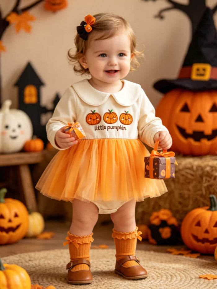 Children's Halloween Embroidered Tulle Bodysuit Dress in Orange