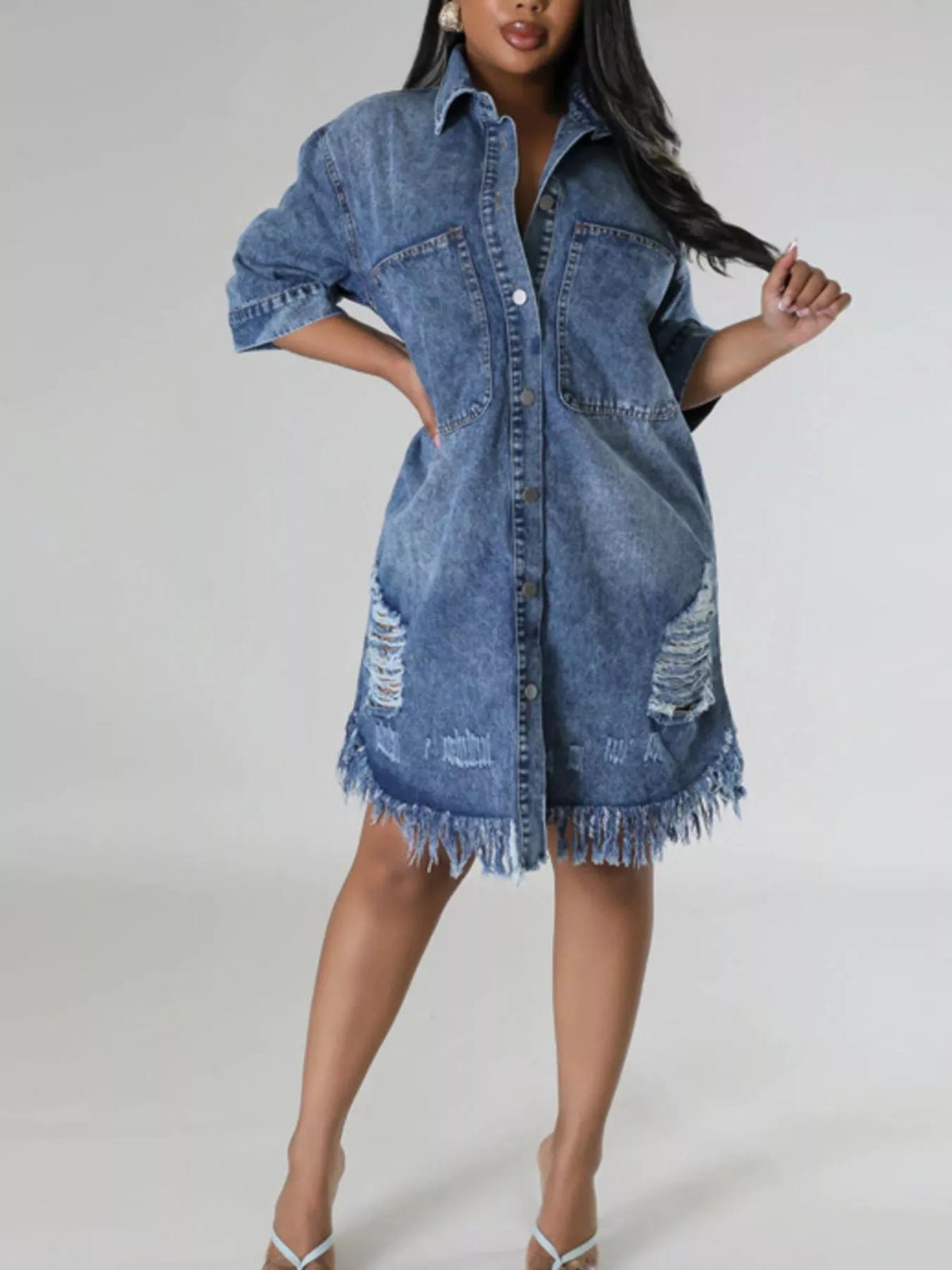Plus Size Distressed Frayed Hem Button-Down Denim Dress in Dusty Blue