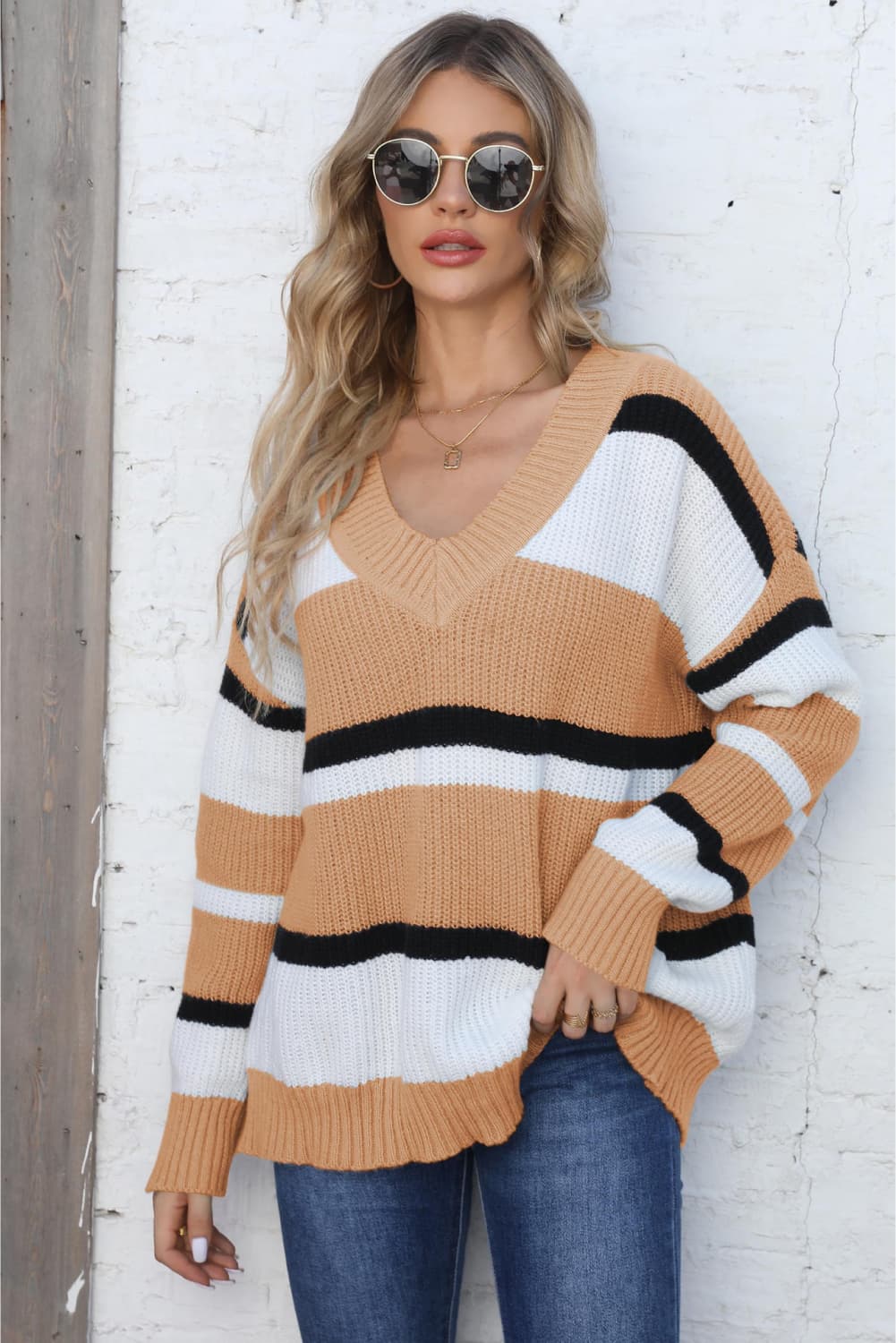 Color Block V-Neck Dropped Shoulder Sweater in Tan