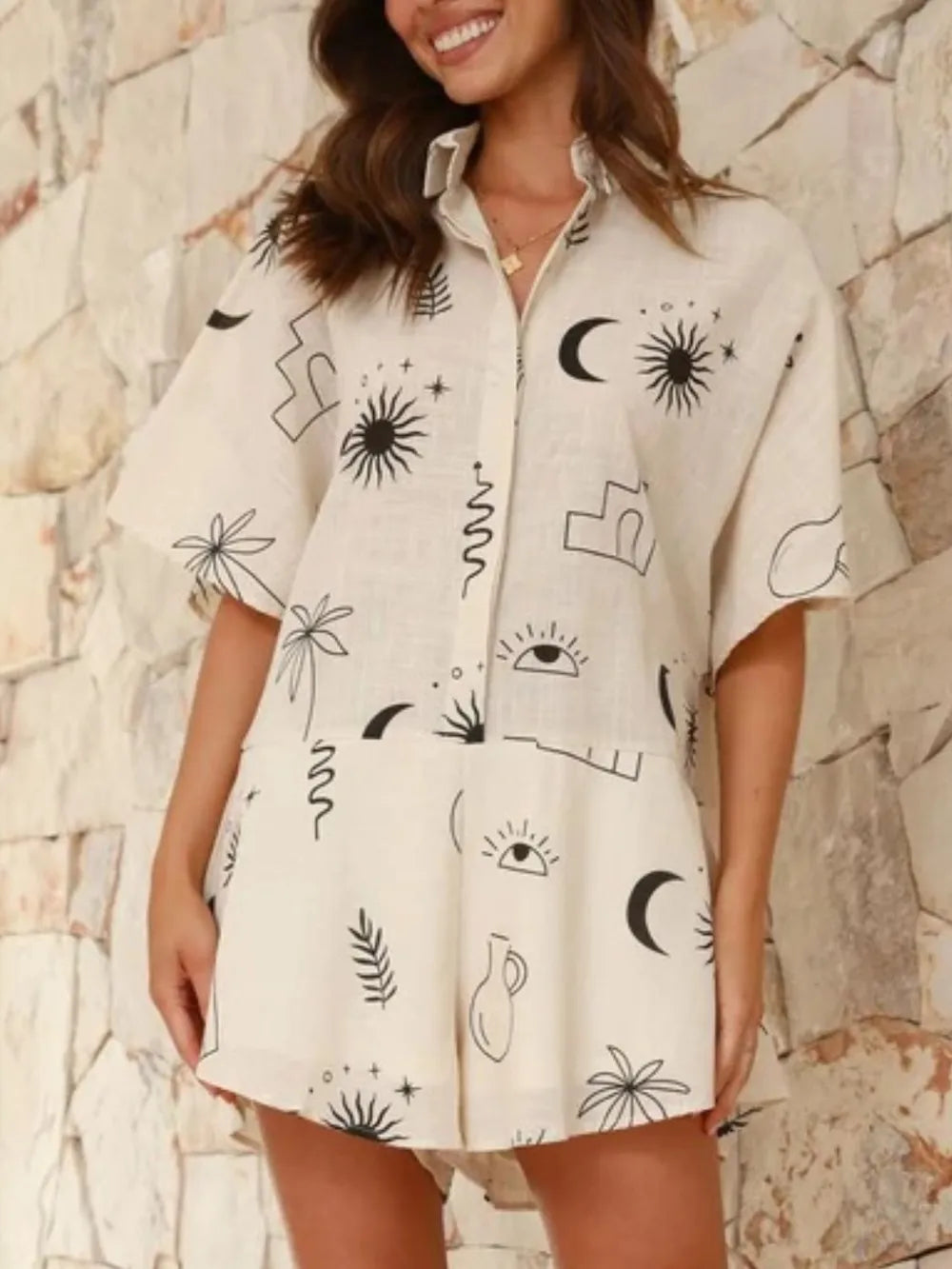 Printed Collared Neck Half Sleeve Romper - Lilixa.store