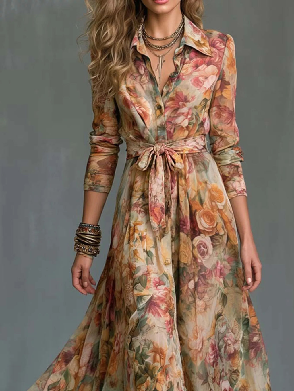 Floral Print Long Sleeve Maxi Shirt Dress - Lilixa.store