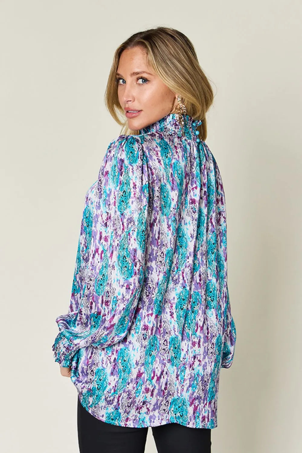 Double Take Full Size Printed Smocked Long Sleeve Blouse - Lilixa.store