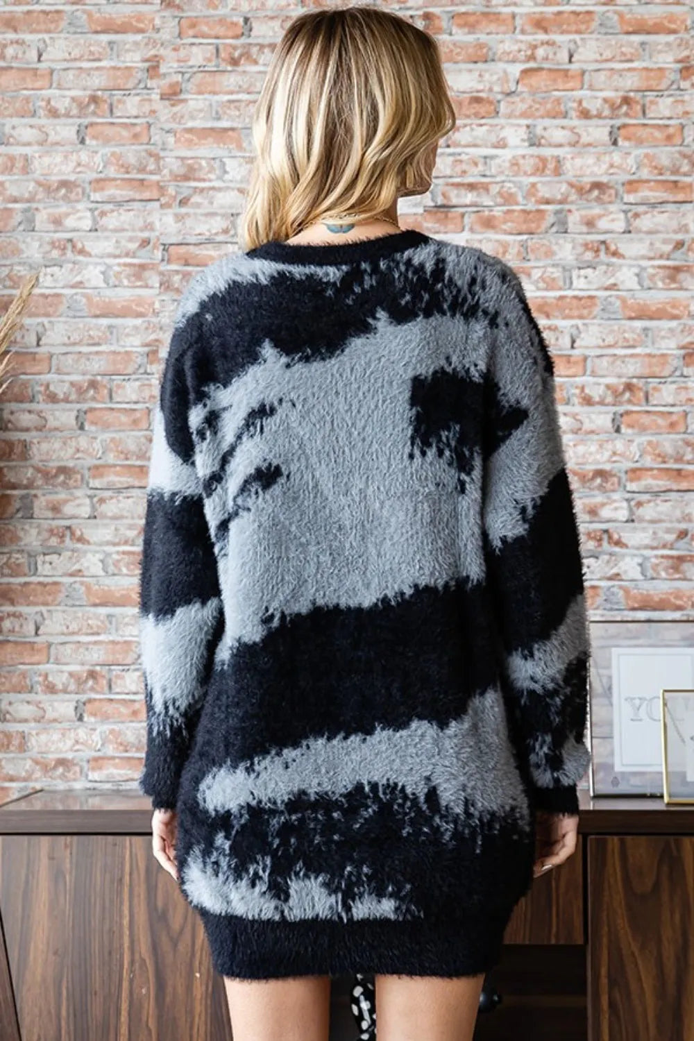 First Love Full Size Abstract Pattern Contrast Feather Yarn Sweater - Lilixa.store