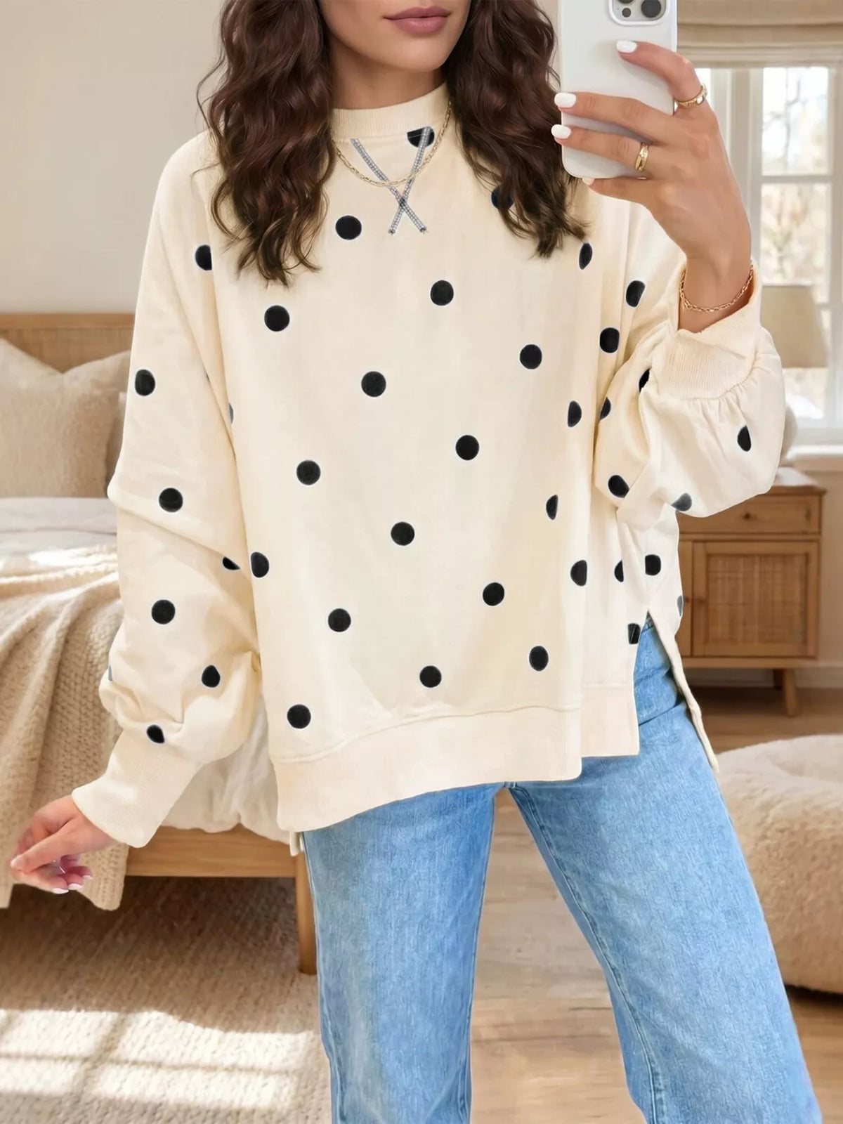 Side Slit Polka Dot Oversized Sweatshirt - Lilixa.store