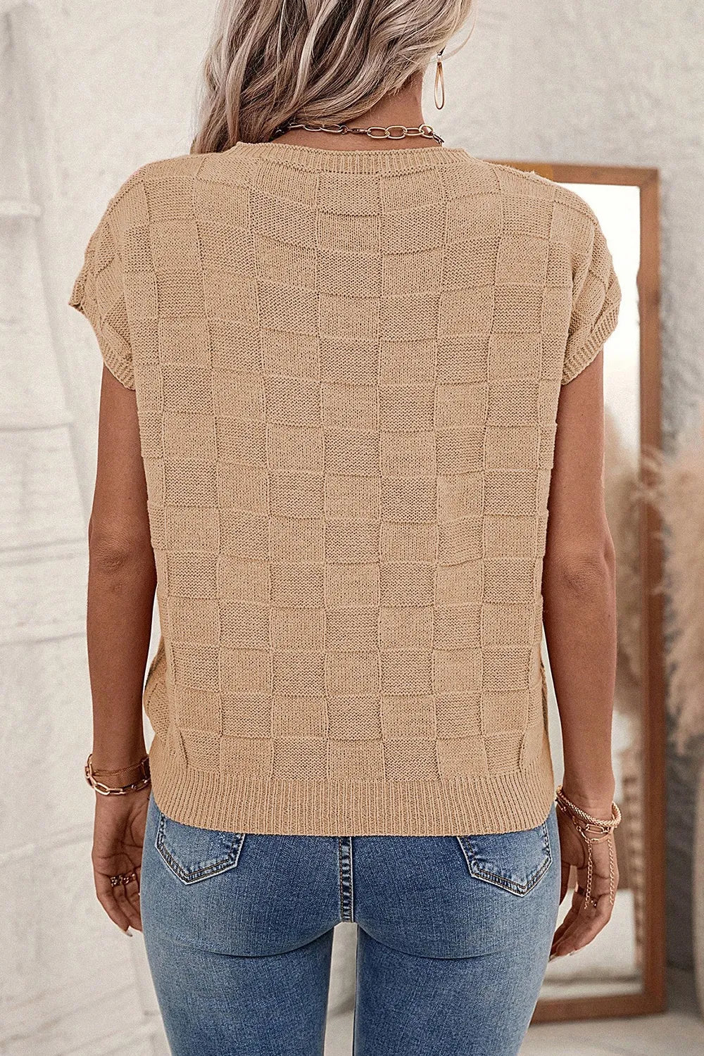 Pocketed Checkered Round Neck Knit Top - Lilixa.store