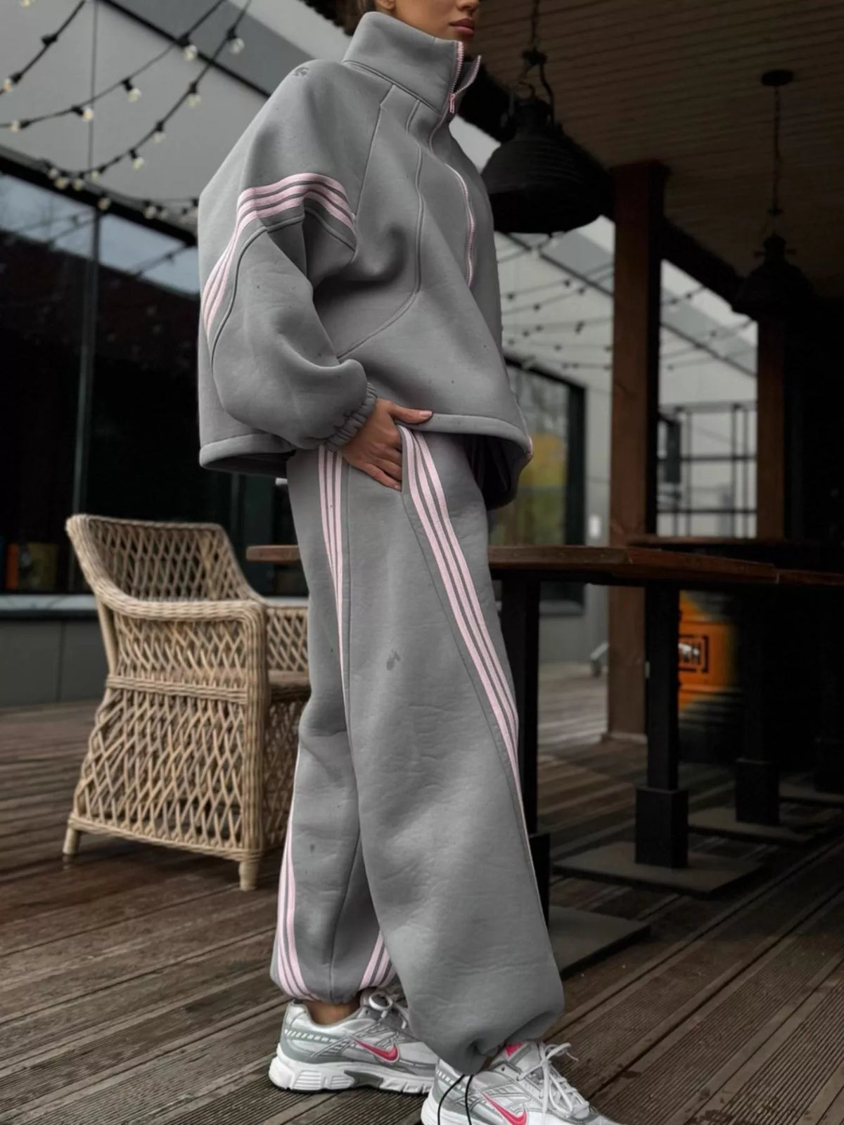 Contrast Striped Zip Up Top and Pants Set - Lilixa.store
