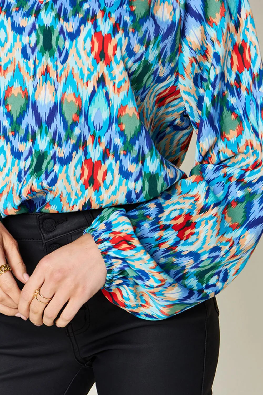 Double Take Full Size Printed Balloon Sleeve Blouse - Lilixa.store