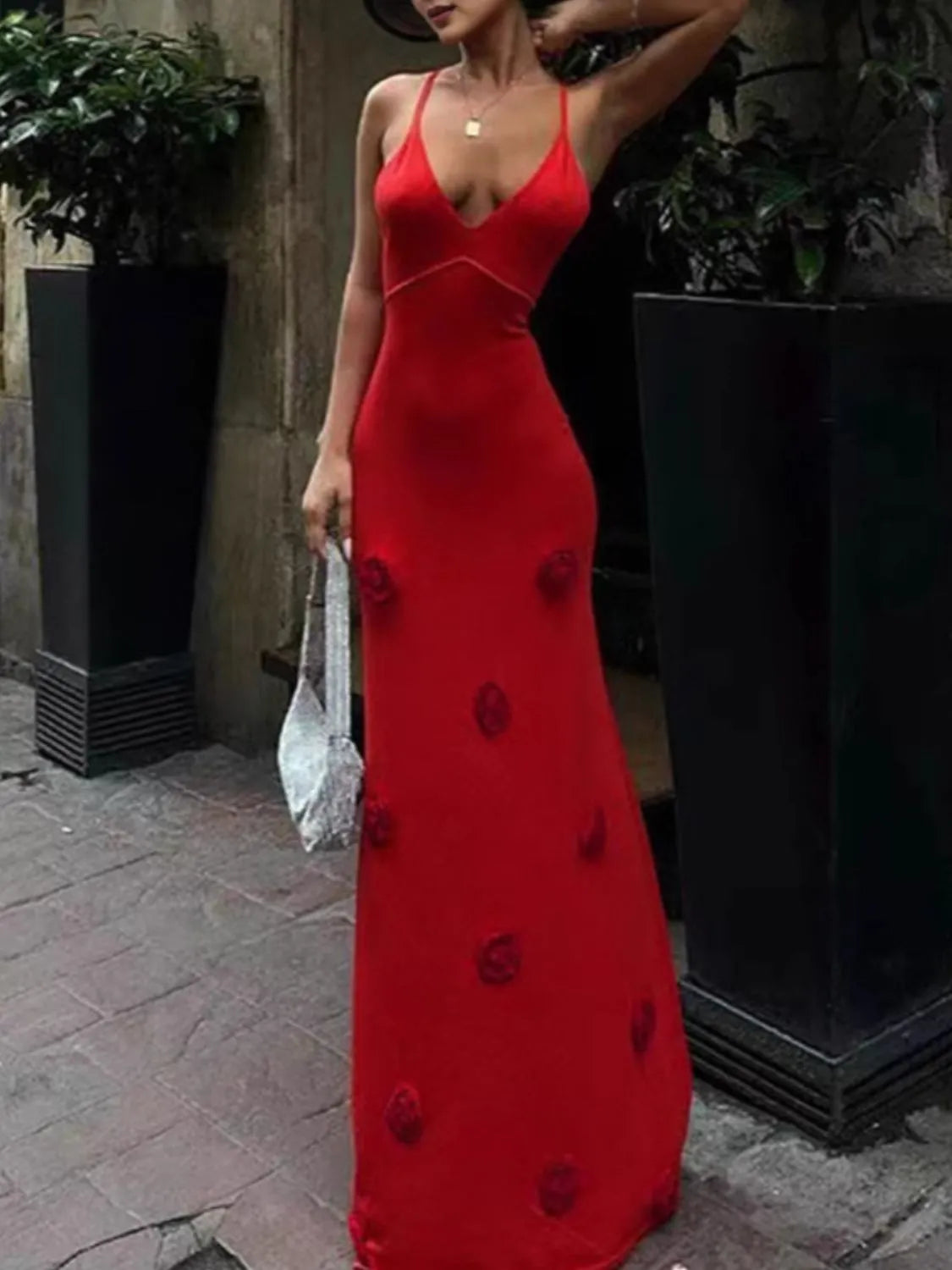 Flower Maxi Sweater Cami Dress in Deep Red
