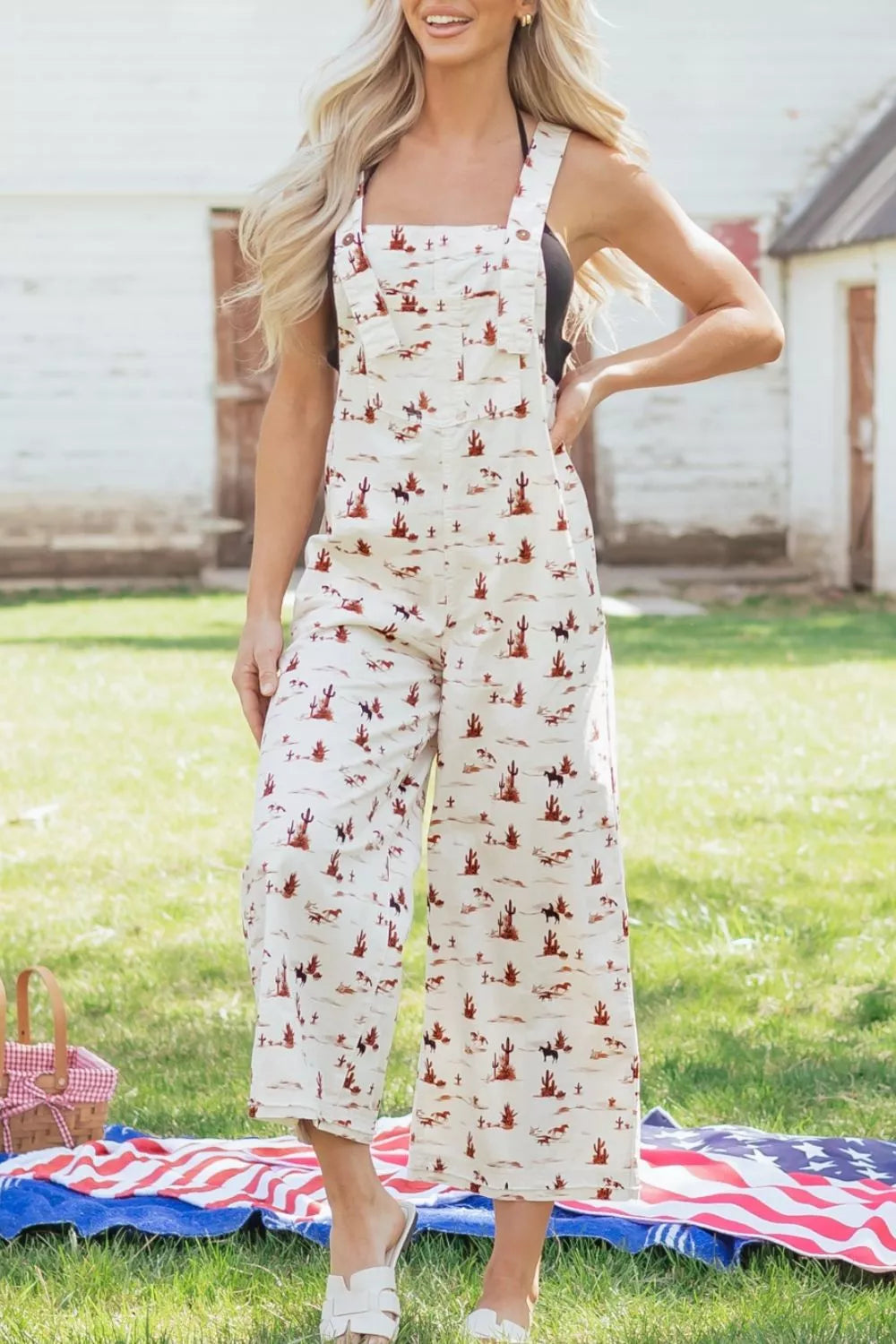 Western Printed Button Adjustable Straps Loose Jumpsuit - Lilixa.store