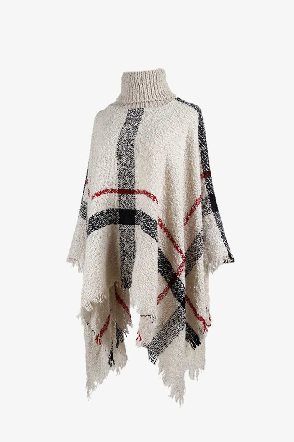 Plaid Turtleneck Raw Hem Poncho, view 3
