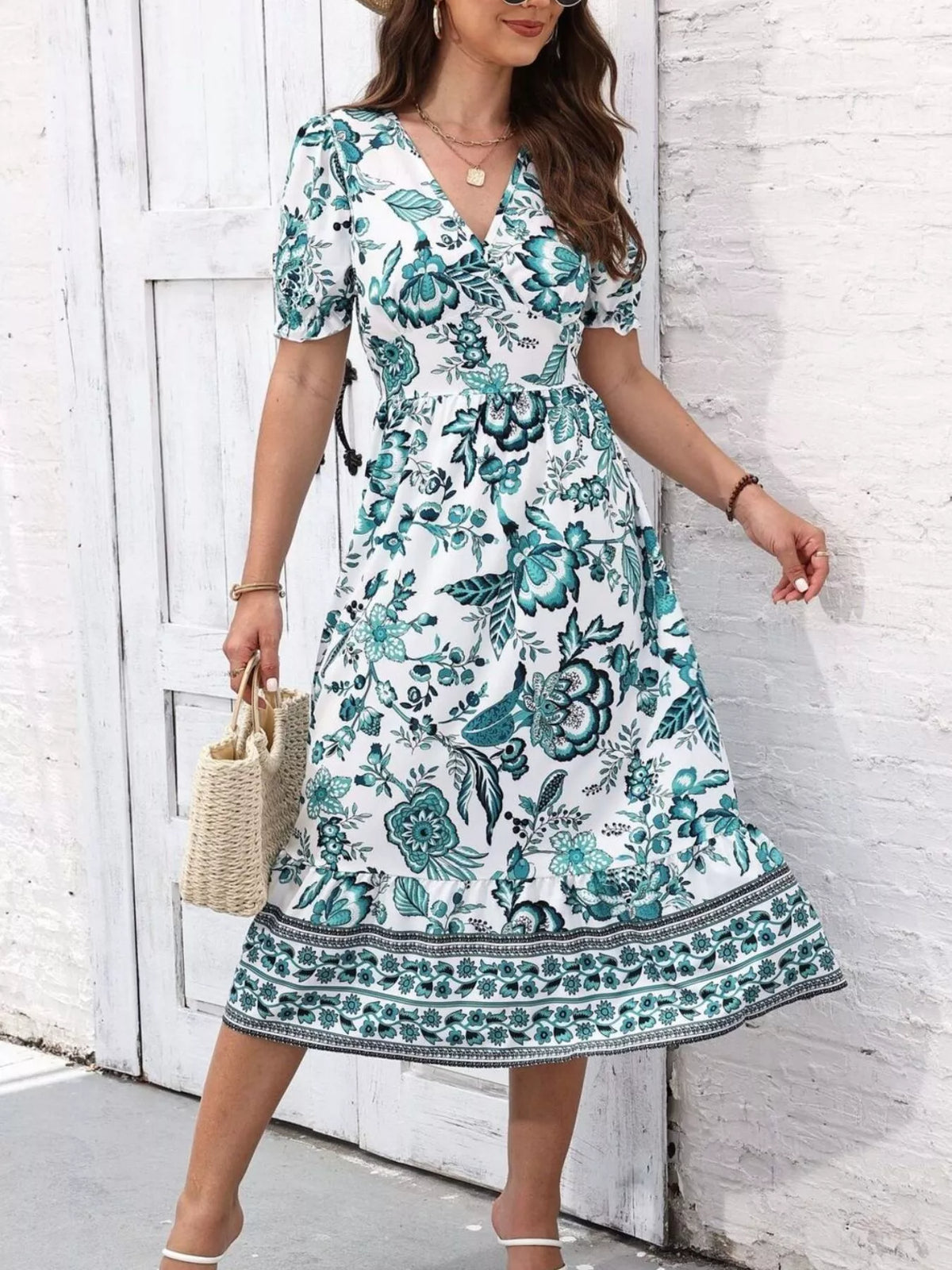 Floral Print Puff Sleeve Wrap Midi Dress