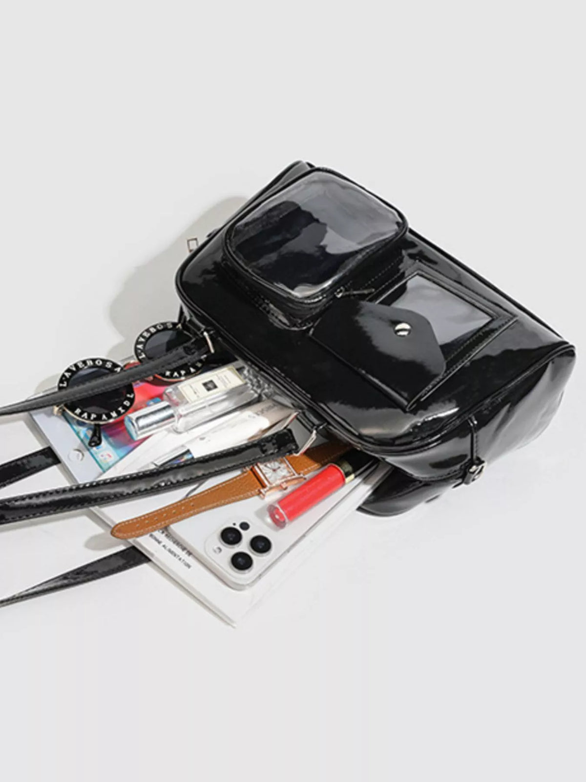 Glossy Patent Leather Multi-Pocket Shoulder Bag in Black, view 6