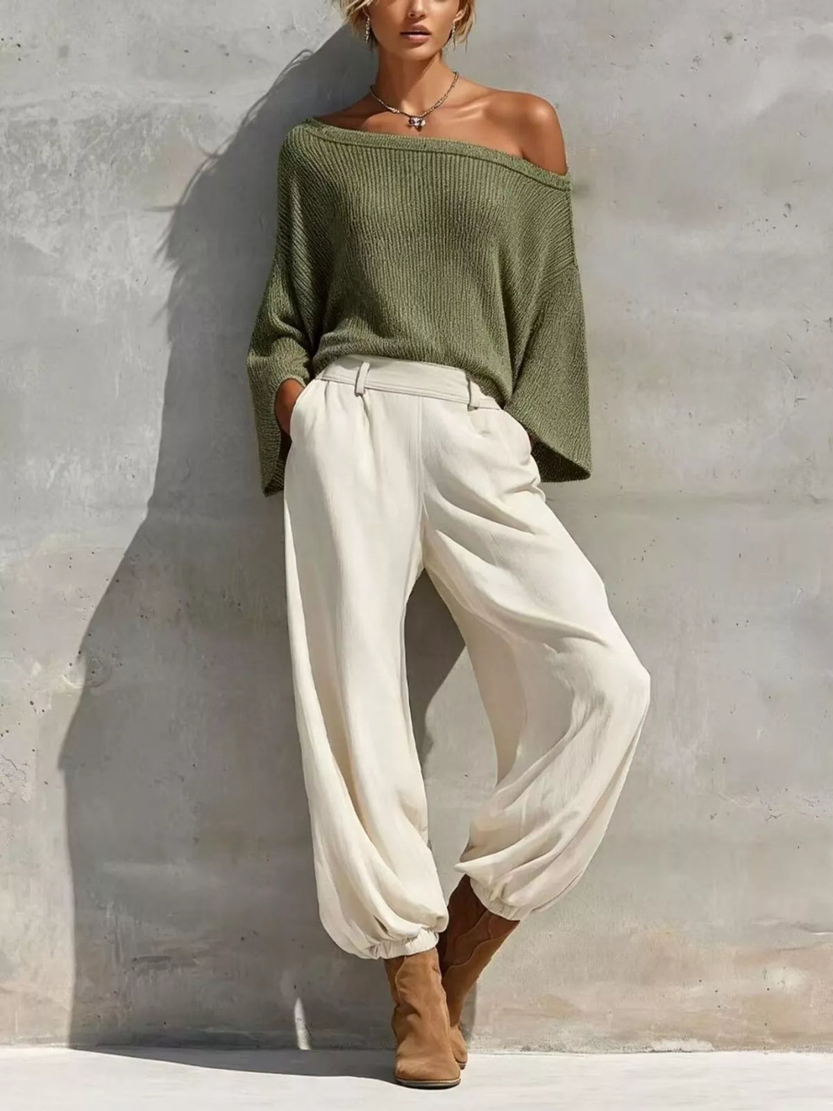 One-Shoulder Knit Top and High-Waisted Pants Set in Moss