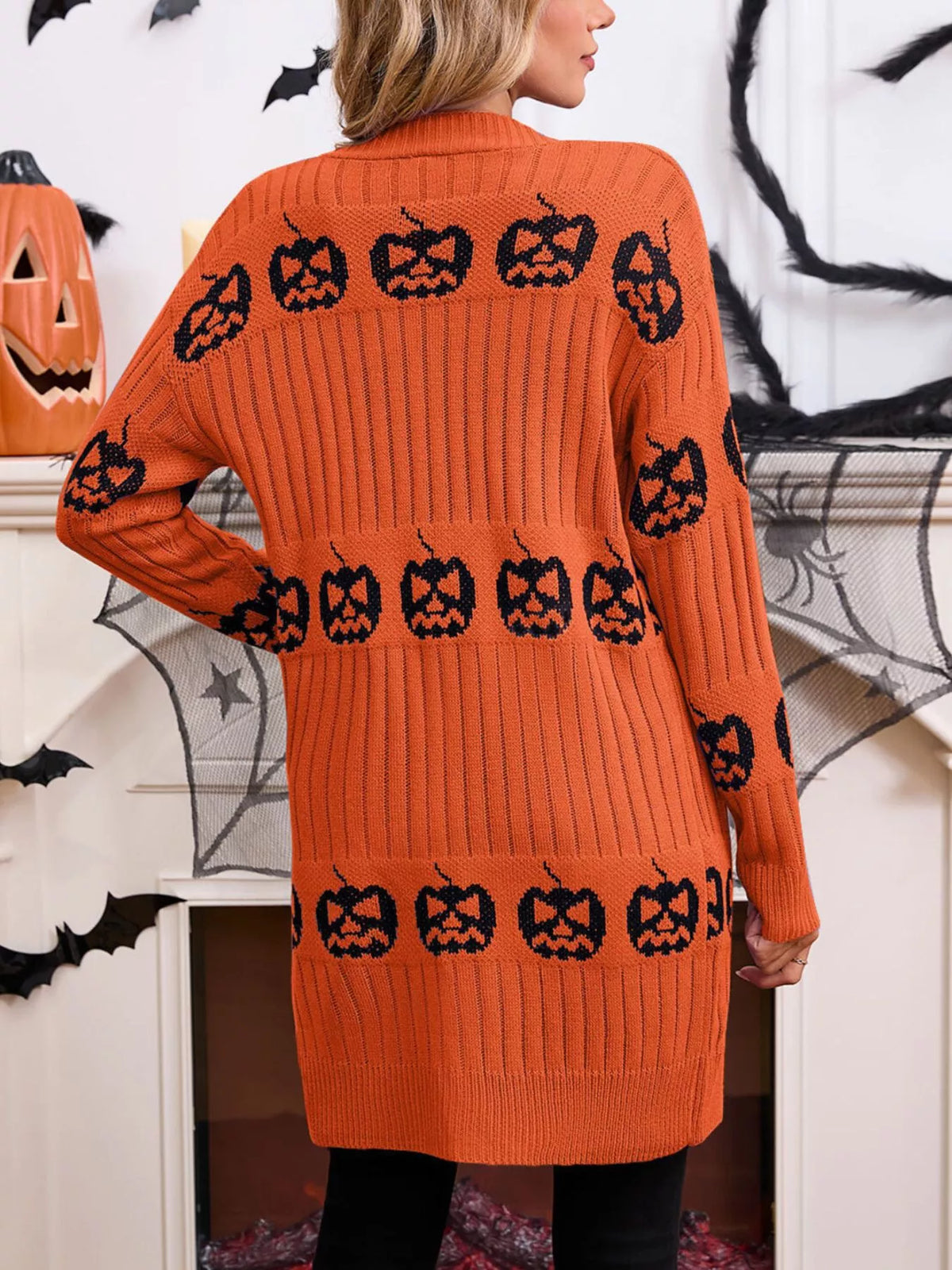 Halloween Pumpkin Open Front Knit Cardigan, view 6