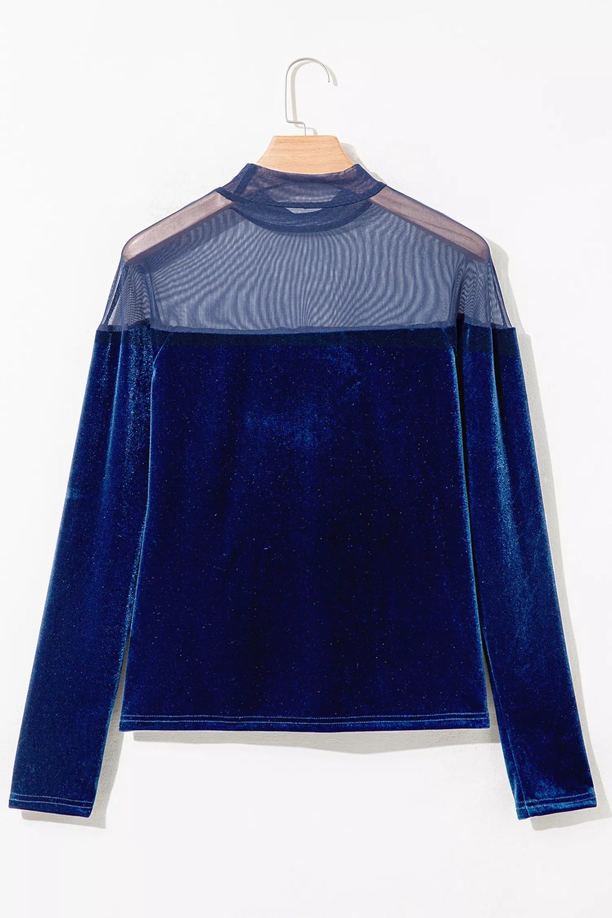 Velvet Long Sleeve Sheer Neck Patchwork Casual Top in Navy, view 6