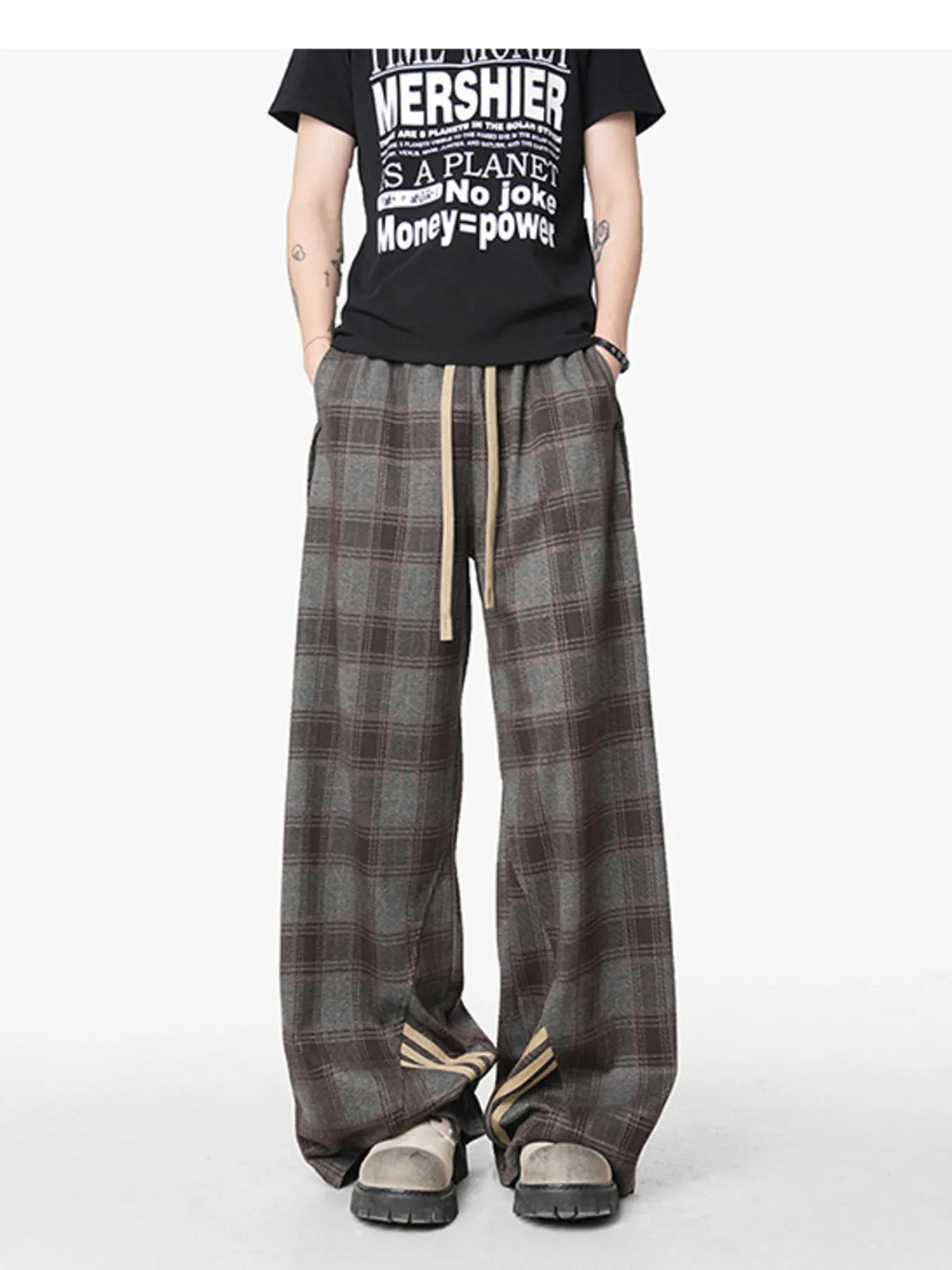 Men's Plaid Wide Leg Casual Pants in Light Coffee