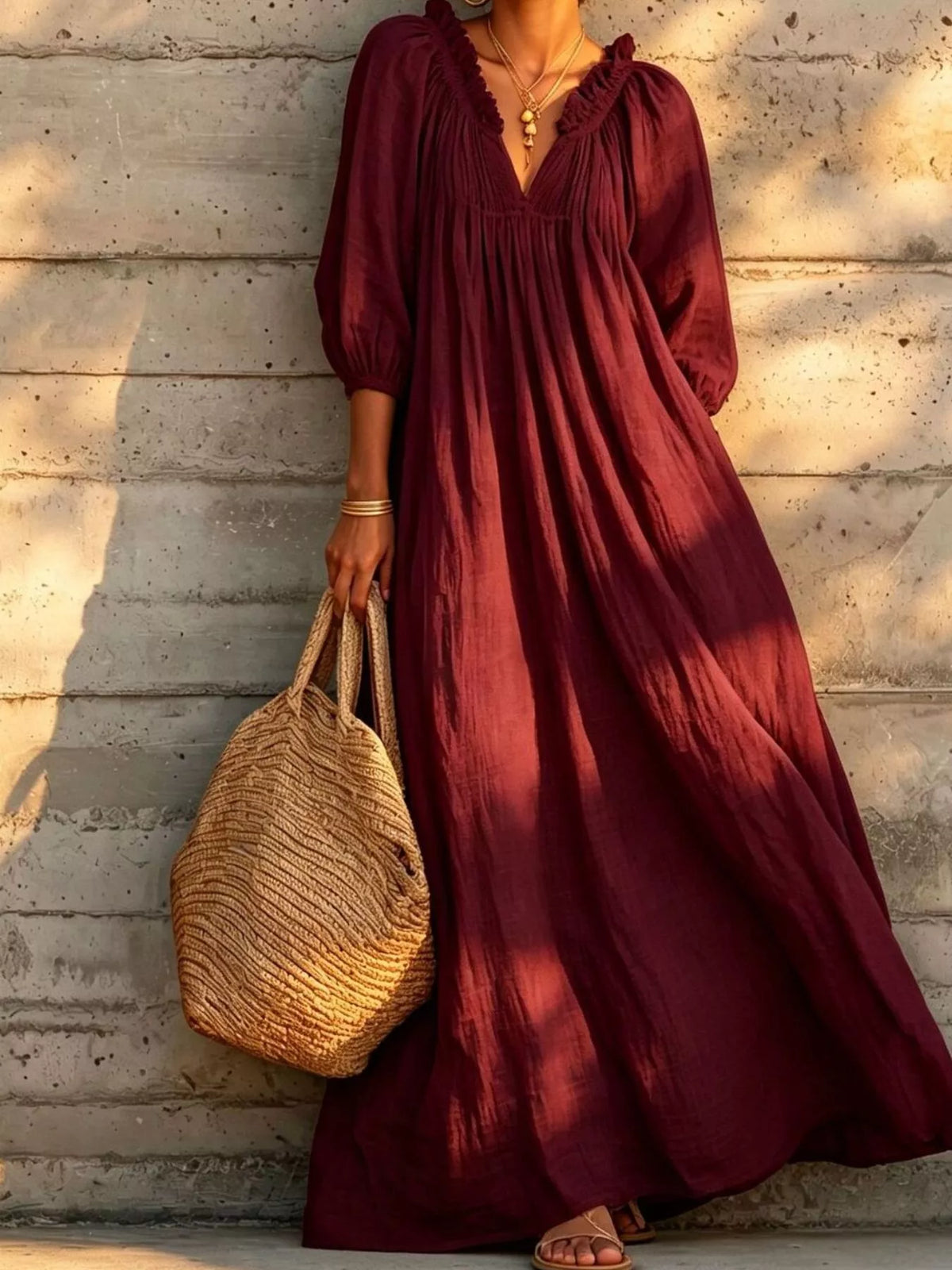 Tiered Notched 3/4 Sleeve Maxi Dress - Lilixa.store