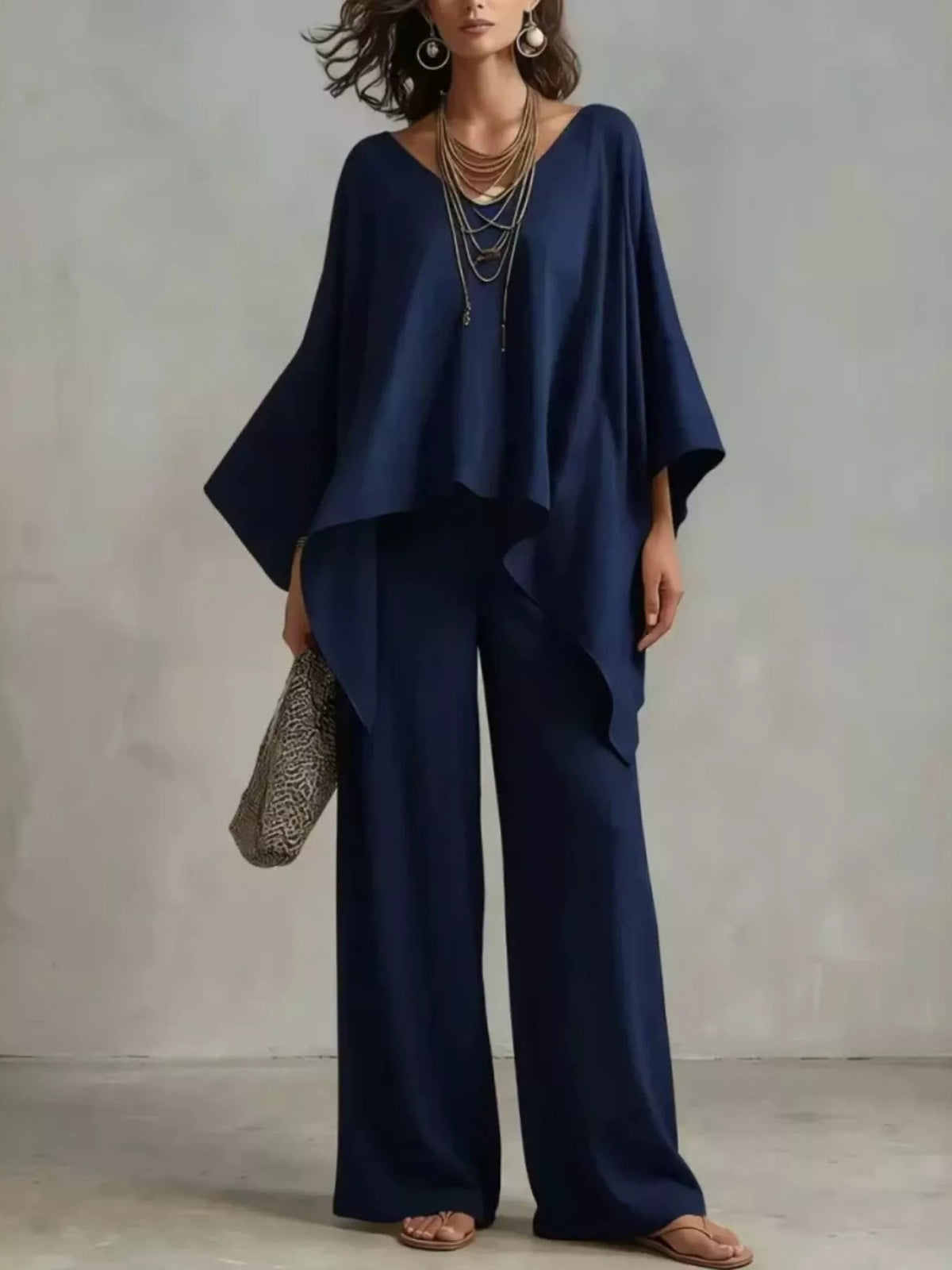 Loose Fit V-Neck Top and Pants Two-Piece Set