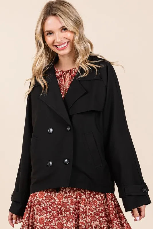 Mittoshop Double Breasted Long Sleeve Trench Coat Jacket in Black, view 5