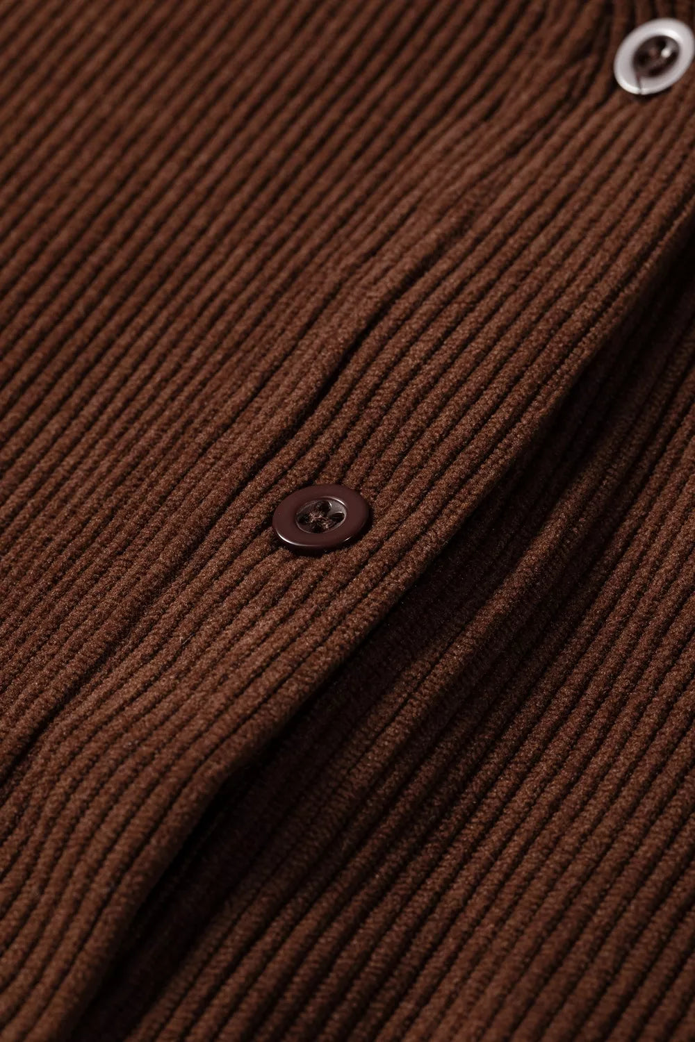 Solid Color Ruffle Trim V Neck Long Sleeve Button Corduroy Shakcet in Dark Brown, view 10