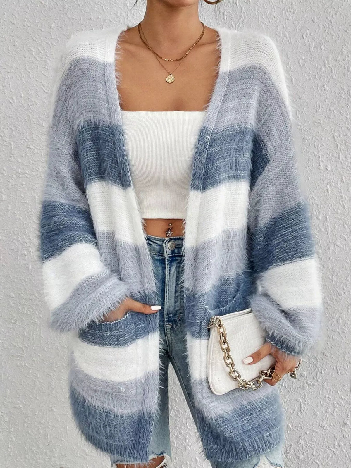 Striped Open Front Oversized Cardigan in Light Blue