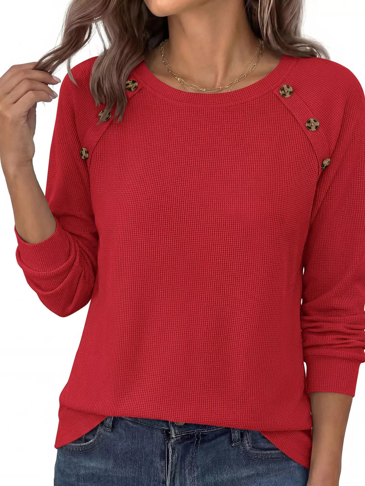 Decorative Button Waffle Knit Long Sleeve T-Shirt