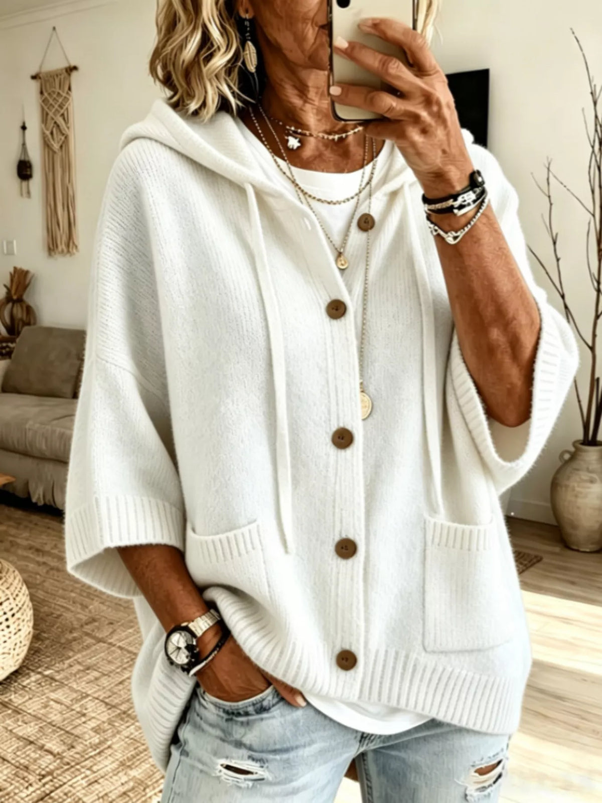 Full Size Casual Hooded Button-Down Knit Cardigan with Pockets Plus Size - Lilixa.store