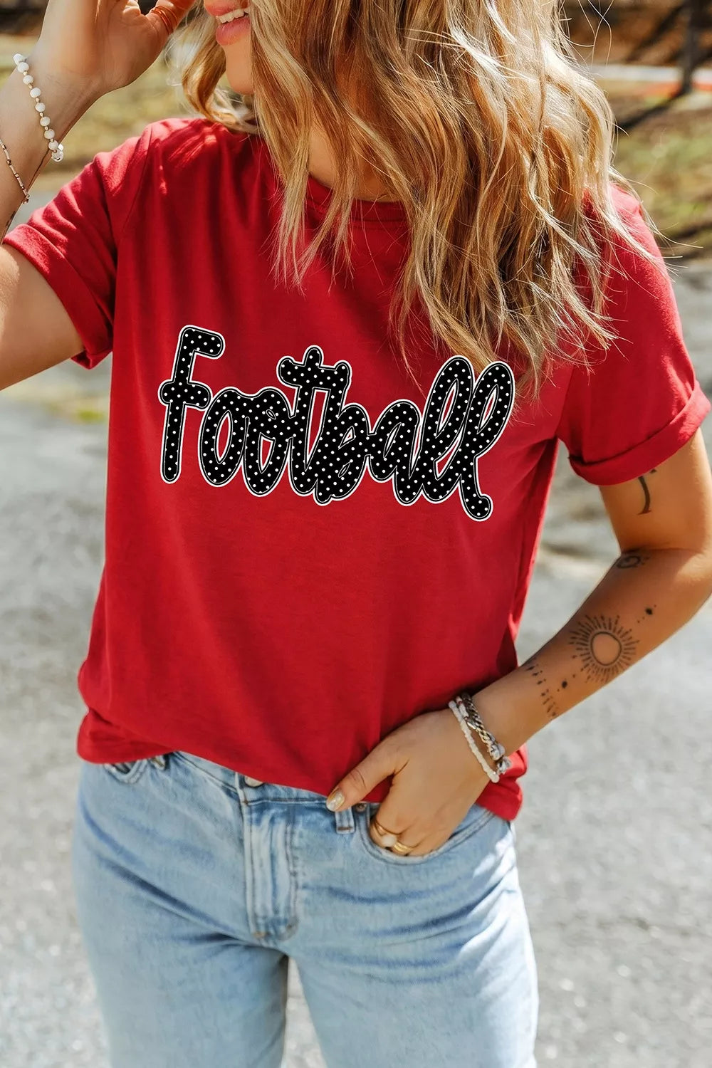 Full Size Football Polka Dot Letter Graphic Game Day T Shirt Plus Size - Lilixa.store