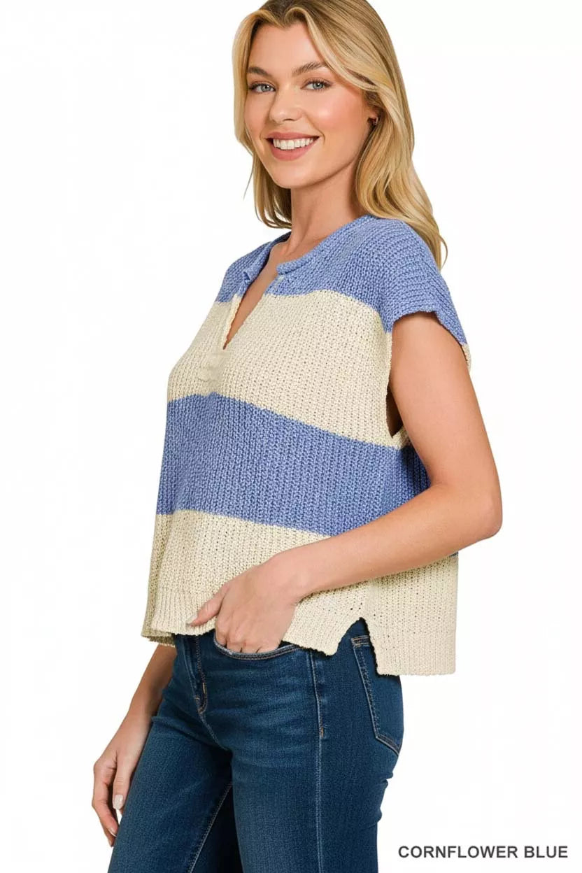 Zenana Split Neck Sleeveless Stripe Sweater, view 3
