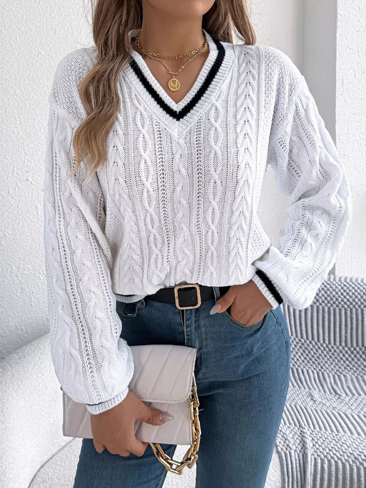 V-Neck Cable Knit Sweater with Striped Trim - Lilixa.store