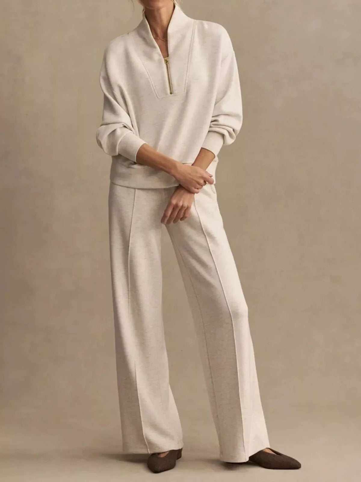 Quarter-Zip Sweatshirt and Wide-Leg Pants Set - Lilixa.store
