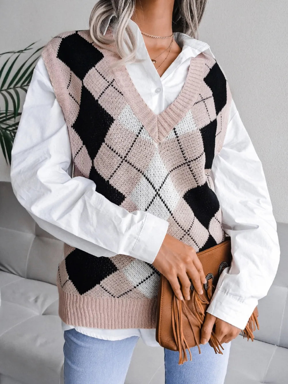 Plaid V-Neck Sweater Vest - Lilixa.store