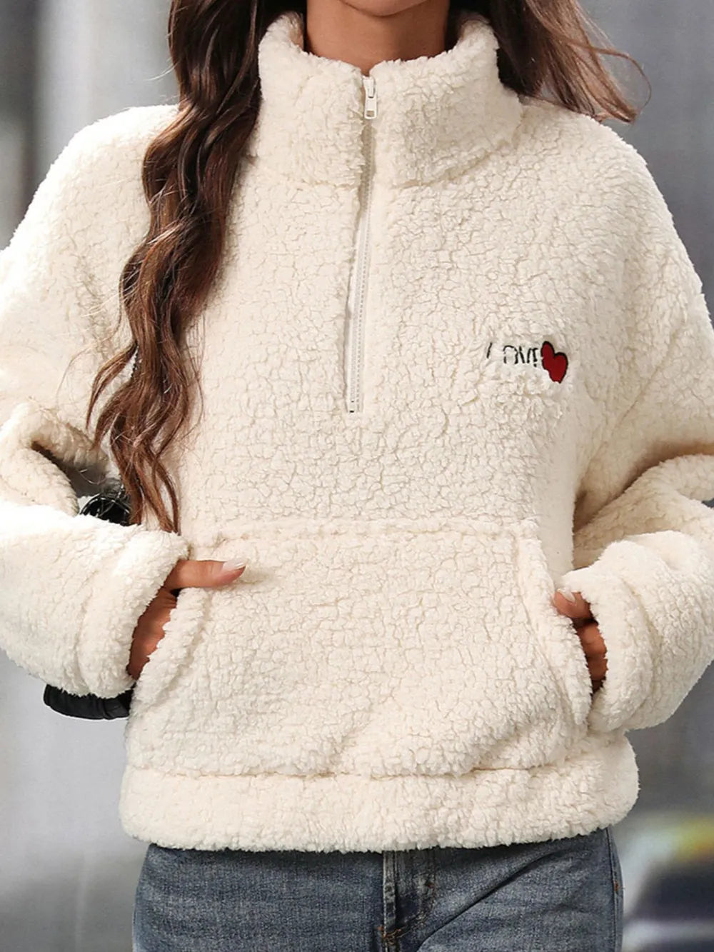Heart Half Zip Long Sleeve Teddy Sweatshirt - Lilixa.store