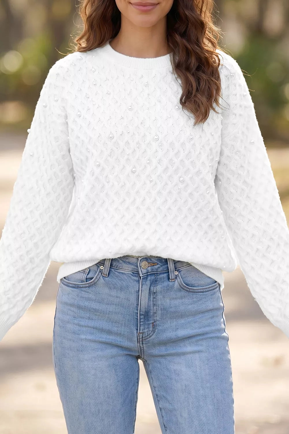 Solid Textured Knit Pearl Embellished Pullover Sweater
