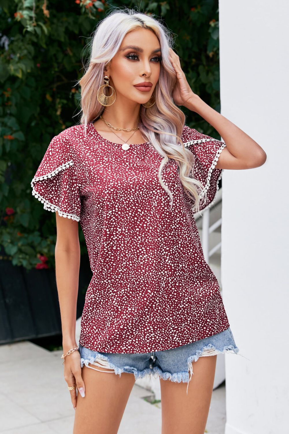Printed Pom Pom Detail Petal Sleeve Blouse in Burgundy
