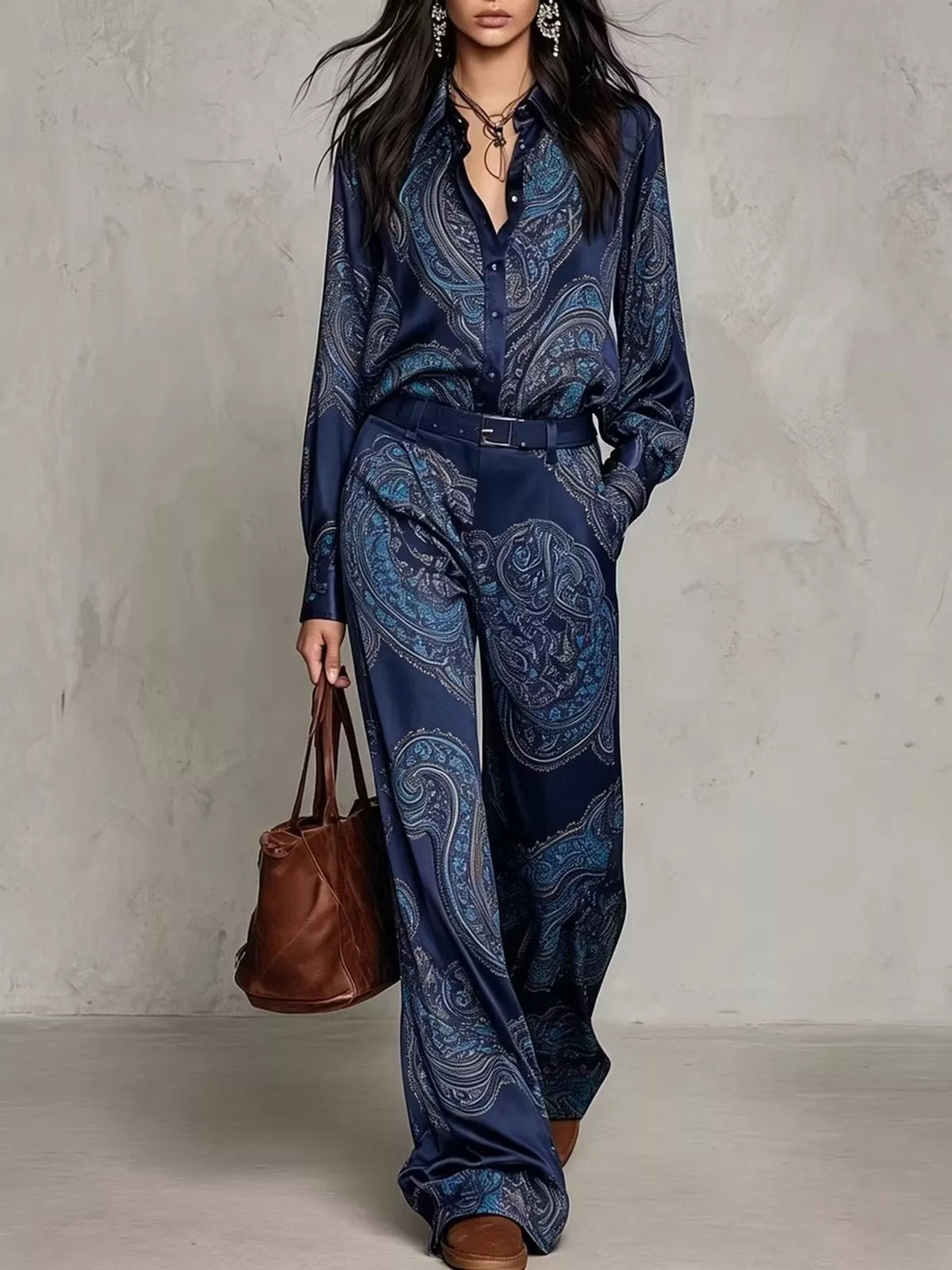 Paisley Print Long Sleeve Shirt and Wide-Leg Pants Set