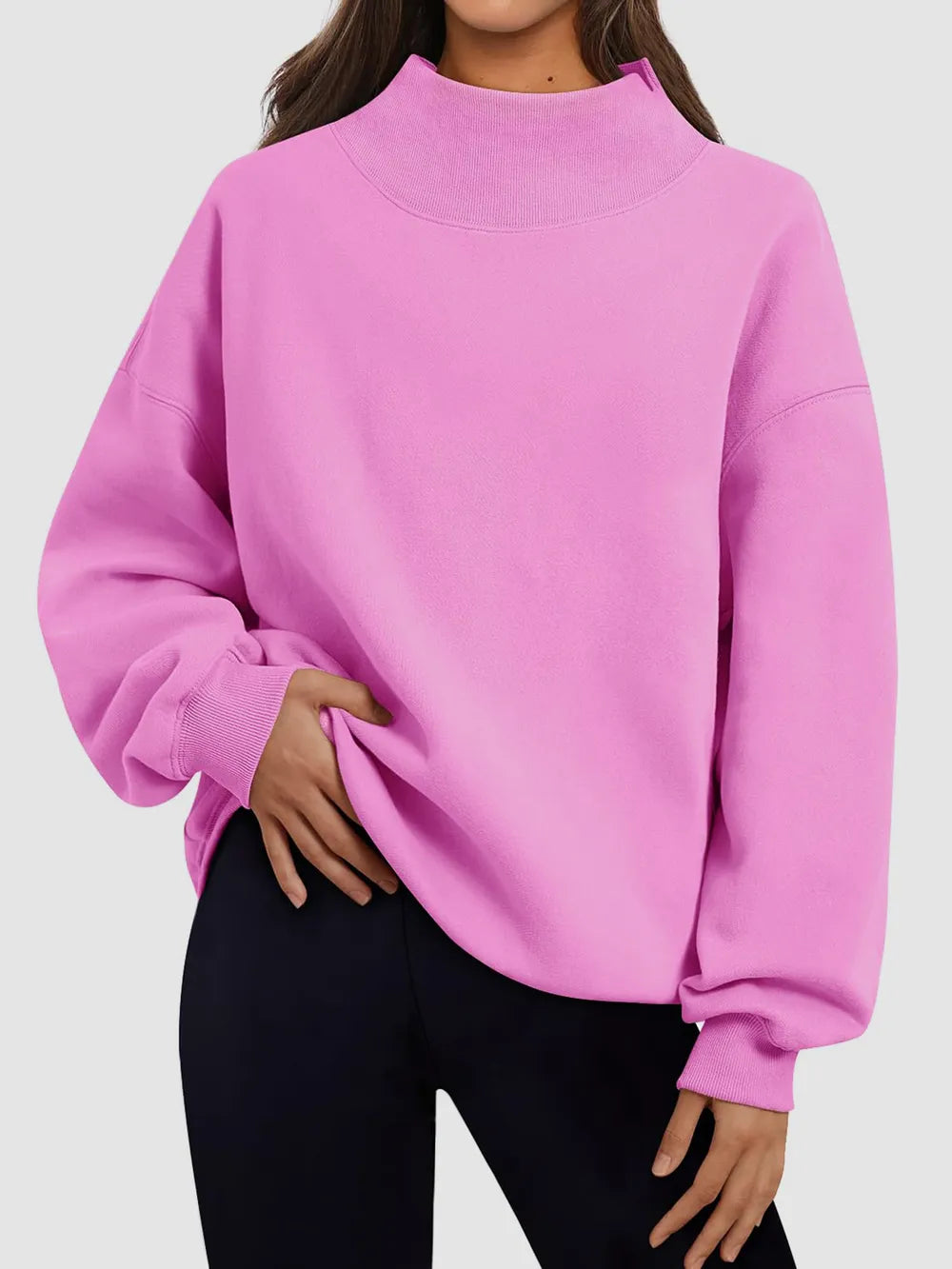 Mock Neck Drop Shoulder Long Sleeve Sweatshirt in Pink