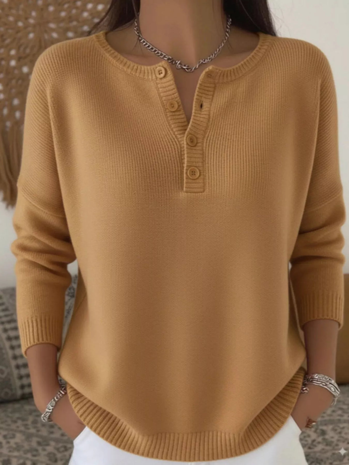 Full Size Button Detail Ribbed Knit Sweater Plus Size