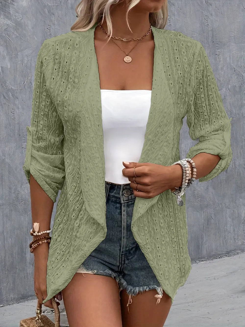Eyelet Roll-Tab Sleeve Cardigan - Lilixa.store