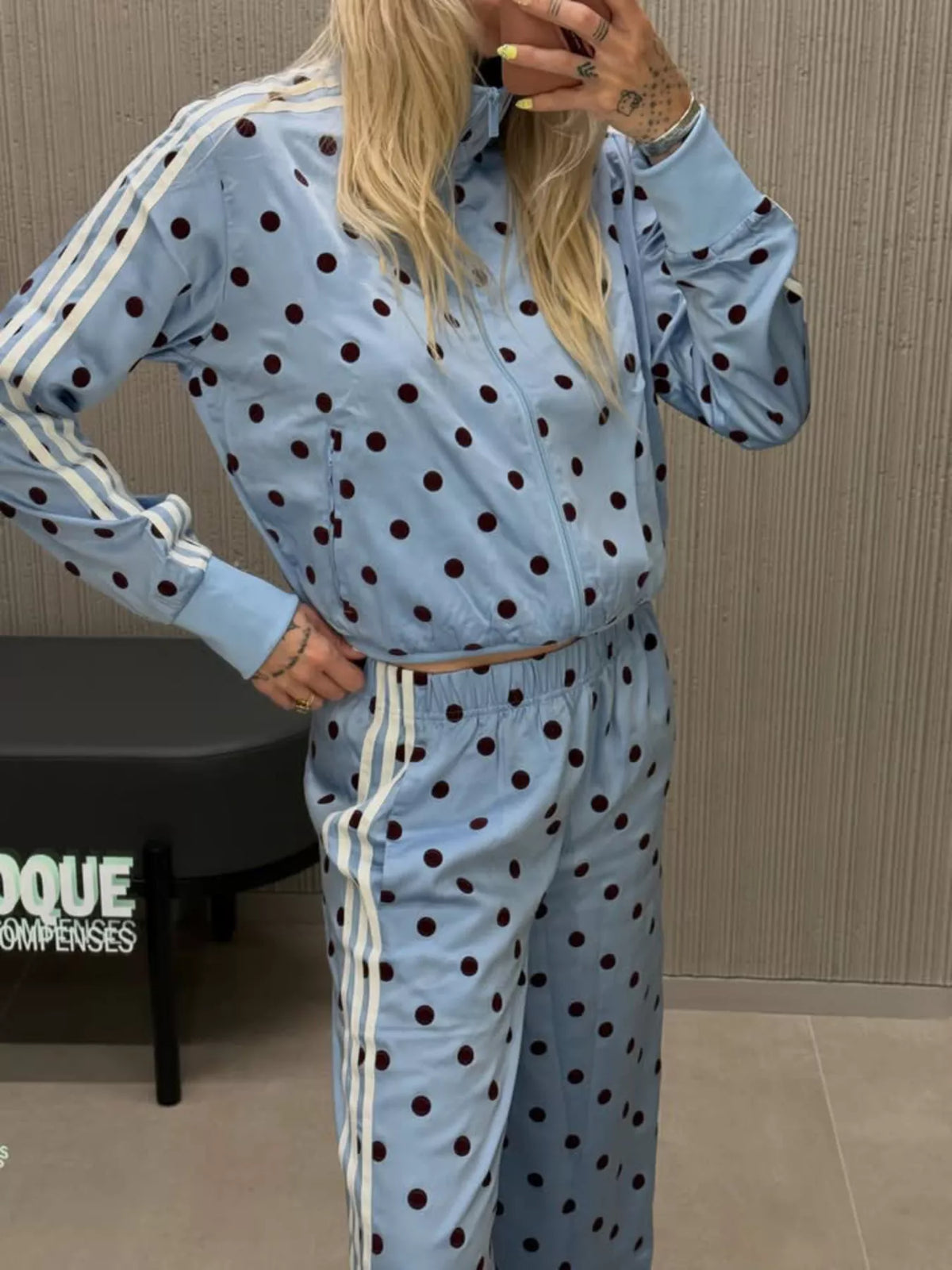 Polka Dot Side Striped Outerwear and Pants Set - Lilixa.store