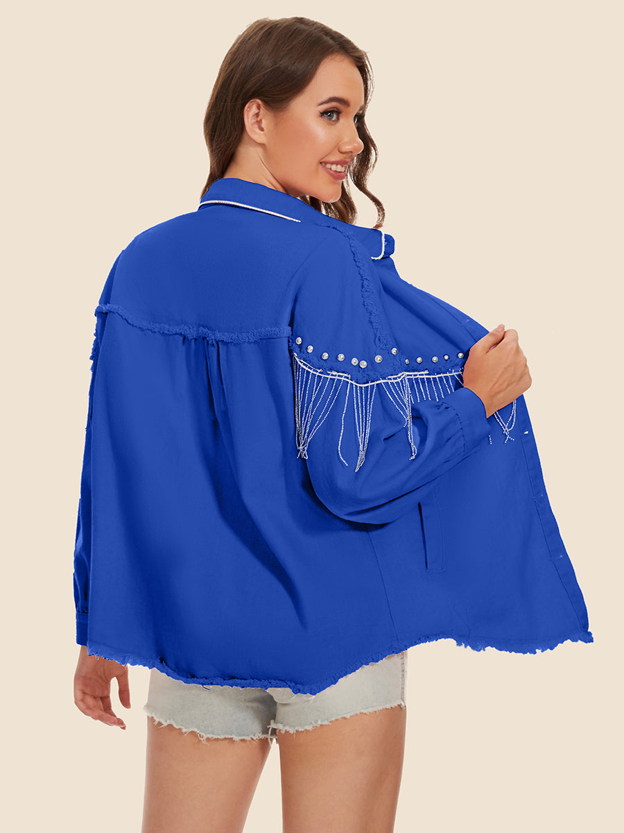 Raw Hem Fringe Detail Denim Jacket - Lilixa.store