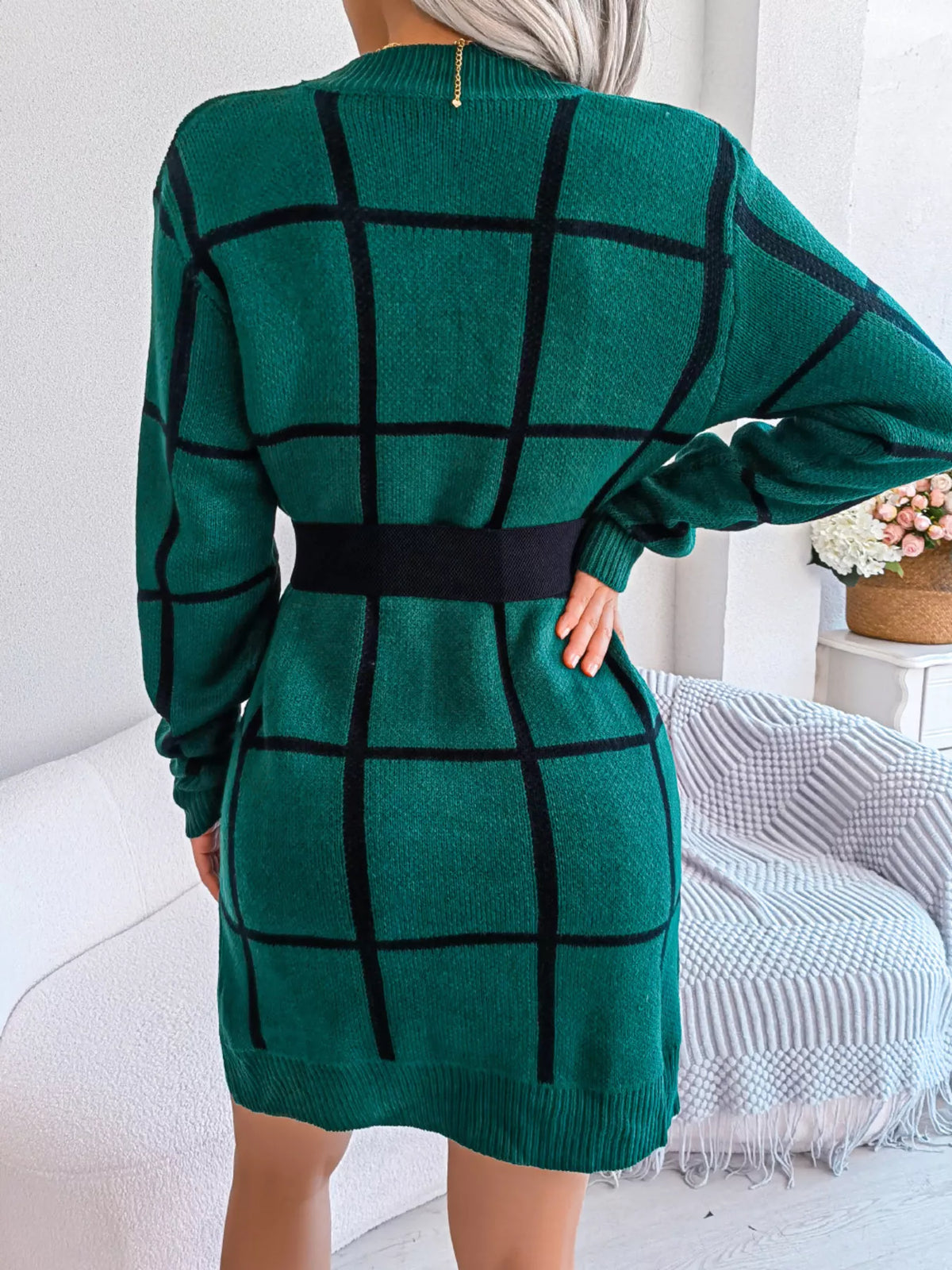 Plaid Pattern Long Sleeve Sweater Dress, view 9