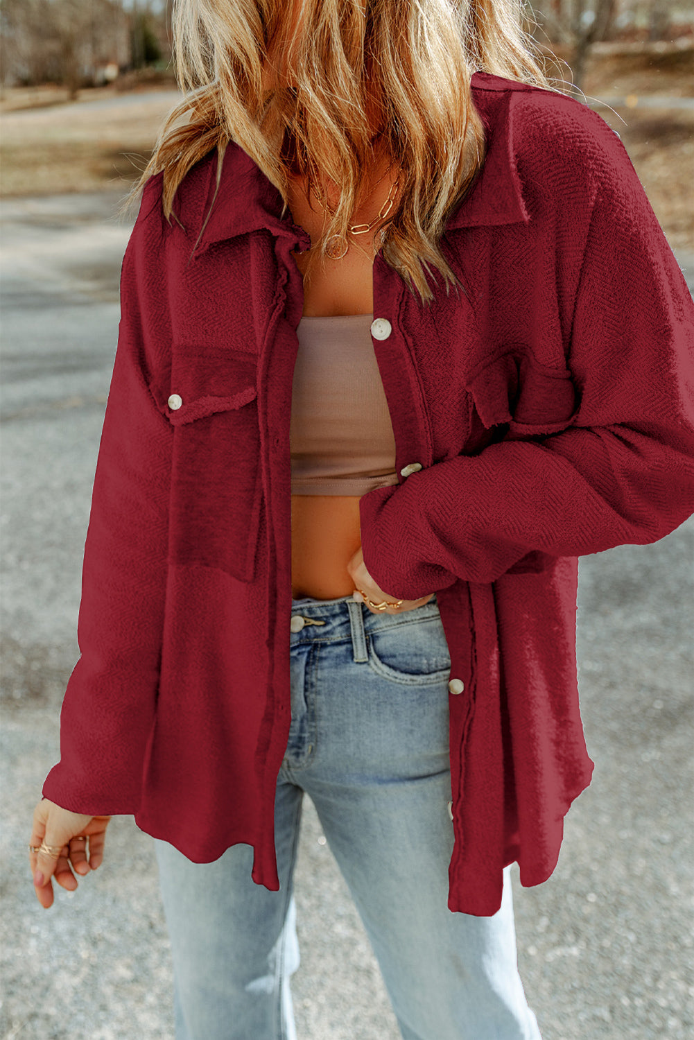 Button Down Long Sleeve Jacket in Red