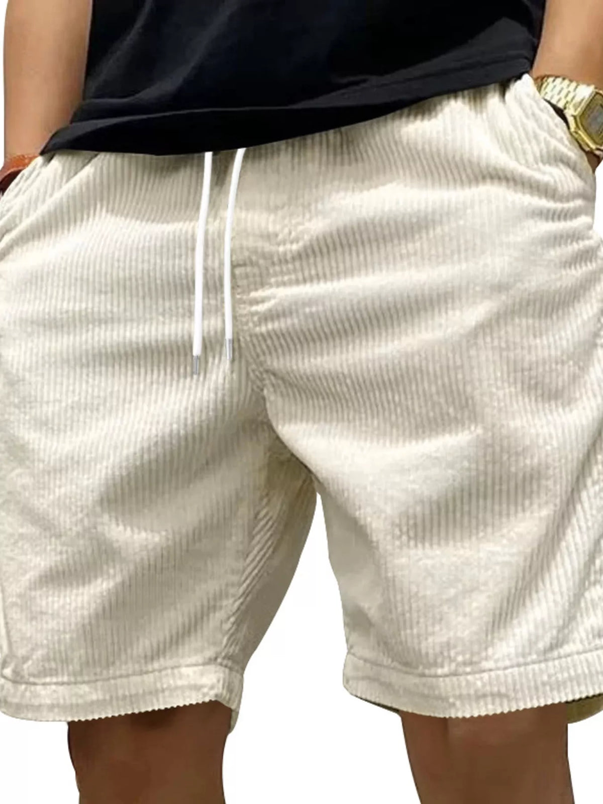Men's Full Size Casual Corduroy Drawstring Shorts Plus Size in Apricot