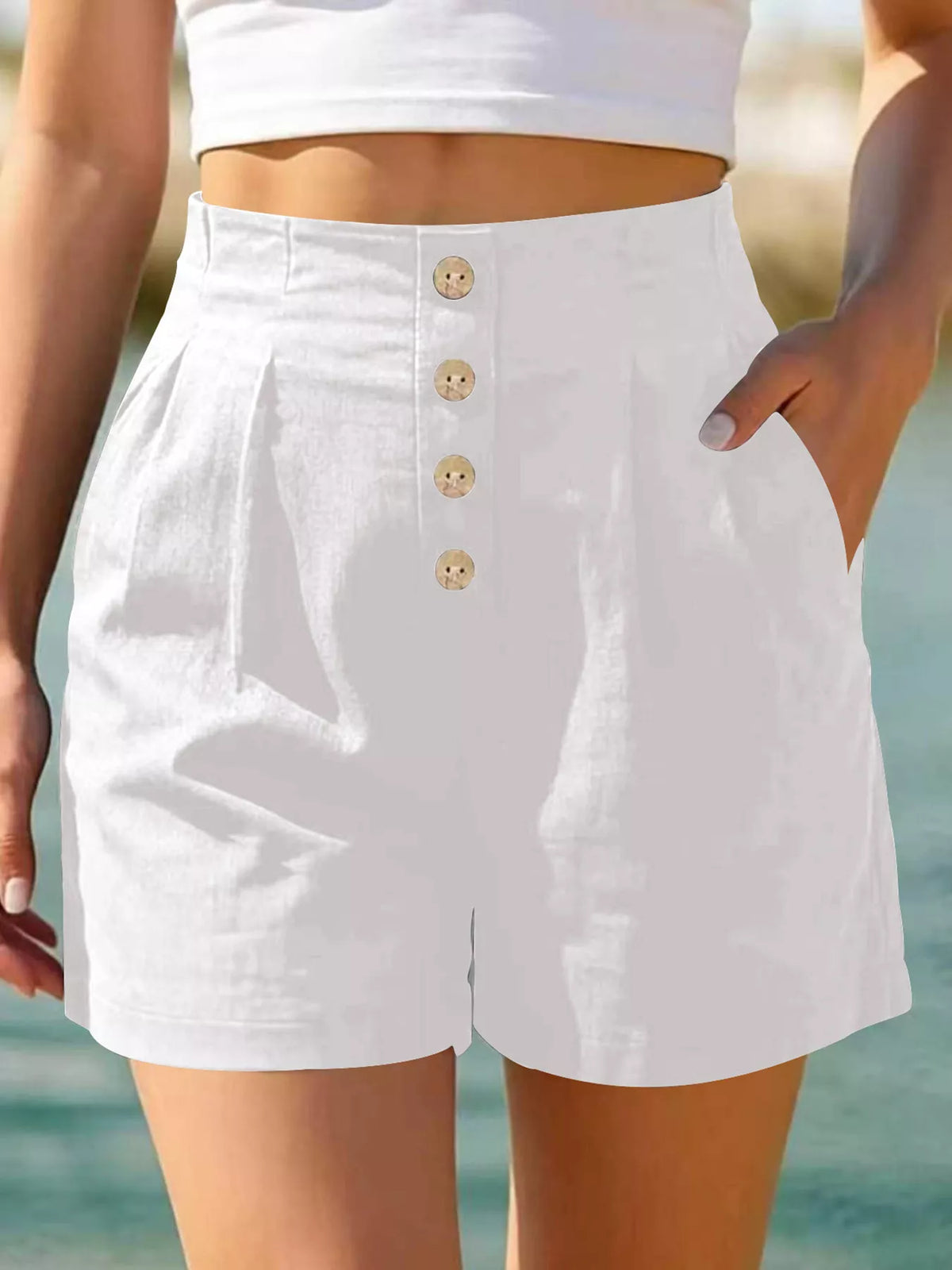 Button Fly High Waist Shorts in White