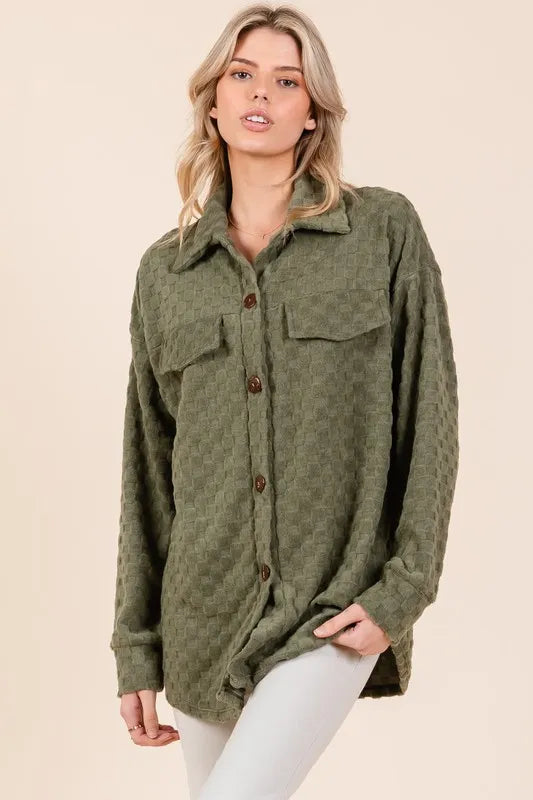BOMBOM Checkered Button Down Dropped Shoulder Shacket - Lilixa.store