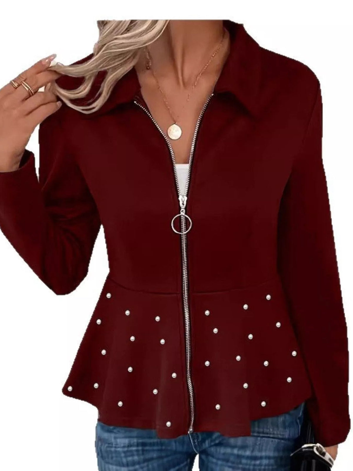 Pearl Embellished Zip-Up Peplum Outerwear in Burgundy