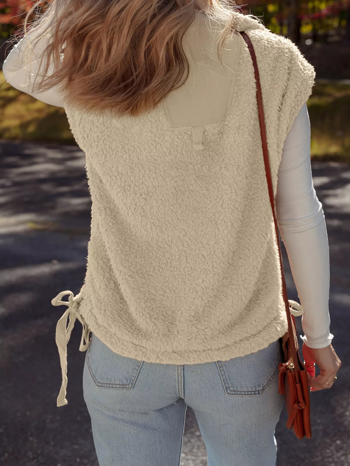 Faux Fur Snap Button Front Knot Side Plush Vest with Pockets in Beige, view 2